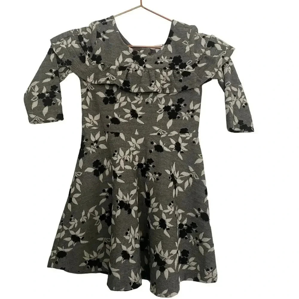 Janie And Jack Gray Long Sleeves Floral Snowy Cottage Line Mini Dress Size 5